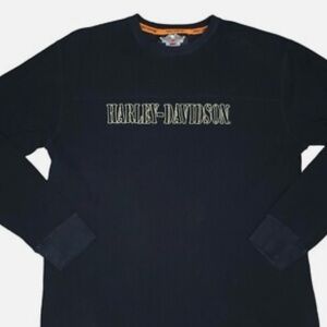 Harley Davidson Motorcycle Spell Out Henley Knit Long Sleeve Shirt Size Large
